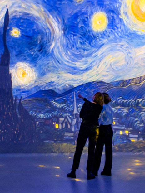 Van Gogh's Starry Night at Frameless Immersive Experience, swirling night sky projection.