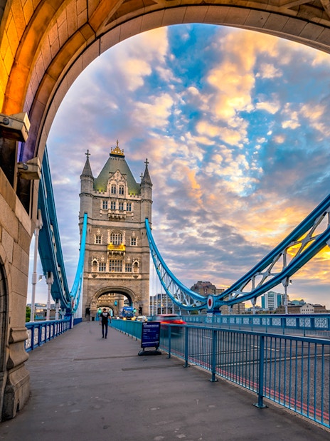 Tower Bridge in London with view of the iconic towers and Thames River.