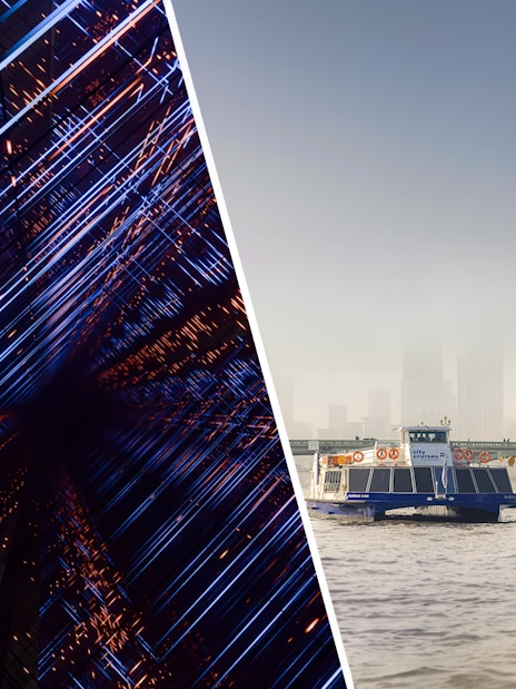 Combo deal of Moco Museum London tickets and sightseeing cruise on River Thames, showcasing the iconic London skyline and the museum's unique architecture