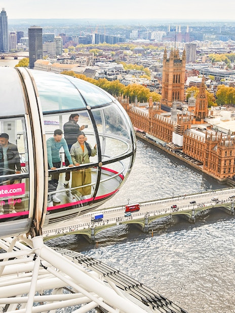 Visitors enjoying panoramic views from the London Eye in London, England.