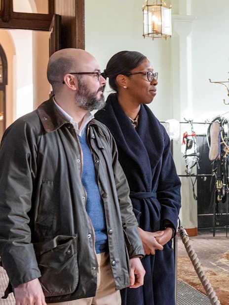 Royal Mews London horse-drawn carriages and stables at Buckingham Palace.