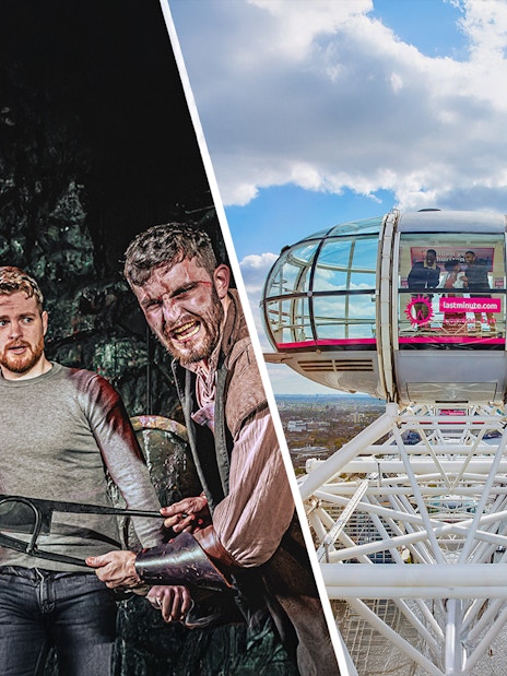 London Dungeon entrance with tourists and London Eye in the background.