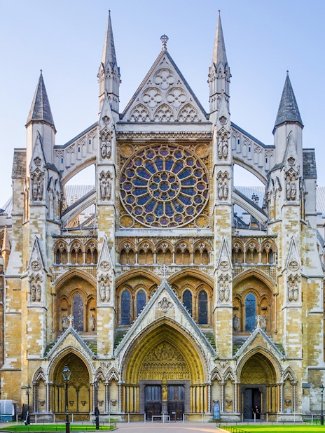 Westminster Abbey exterior with tourists, London, part of combo ticket with Tower of London.