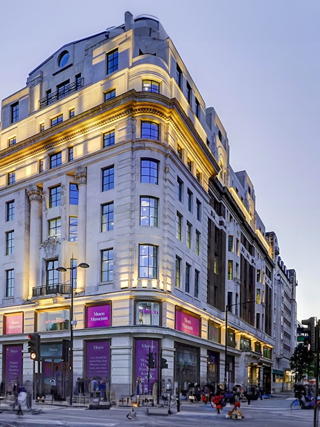 Visitors lining up at the entrance of Moco Museum in London, ready to use their entrance tickets for a day of art exploration