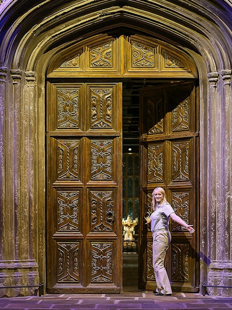 Entrance to the Great Hall at Warner Bros. Studio Tour London, showcasing Harry Potter film set.