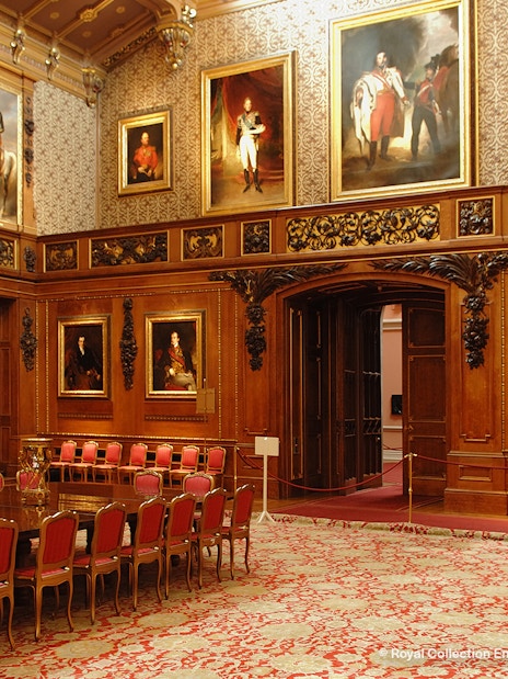 Windsor Castle Interiors showcasing ornate ceiling and historic furnishings.