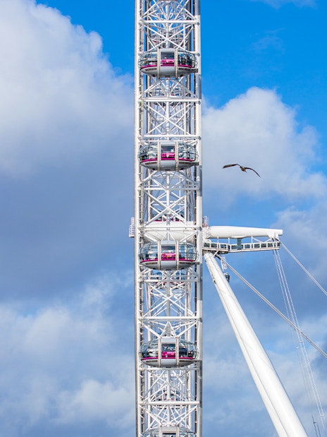 London Eye capsules overlooking the Thames River in London, England.