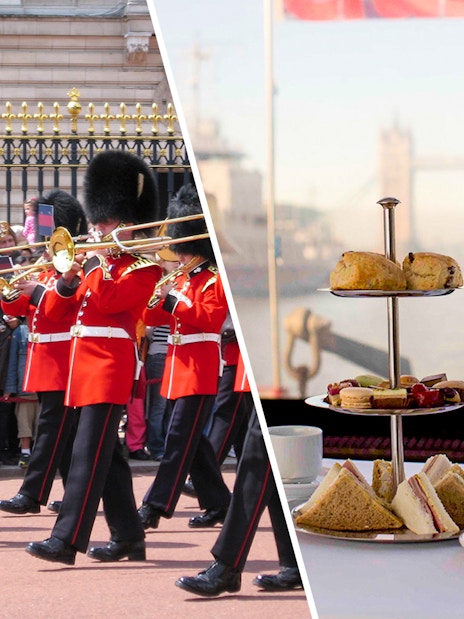 Changing of the Guards at Buckingham Palace, London, with tourists watching, followed by an afternoon tea cruise on the Thames.