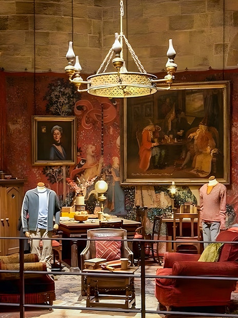 Visitors exploring costume exhibit at Harry Potter London tours, featuring iconic wizard robes and props.