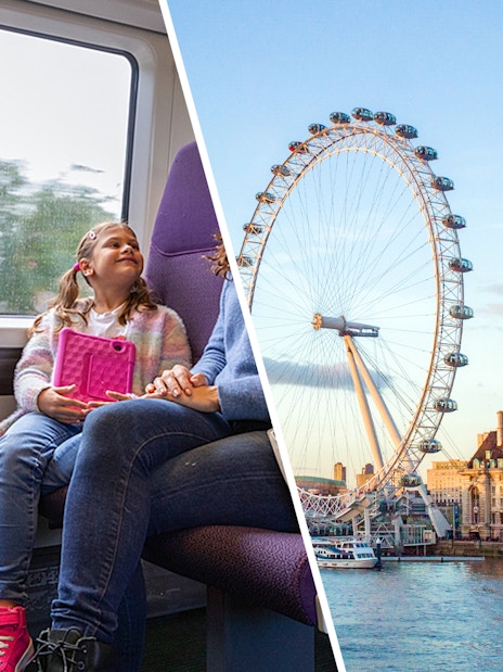 Heathrow Express train and London Eye with cityscape in background, combo offer.