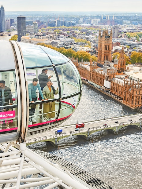 Aerial view of London skyline from the London Eye, featuring the River Thames and iconic landmarks.