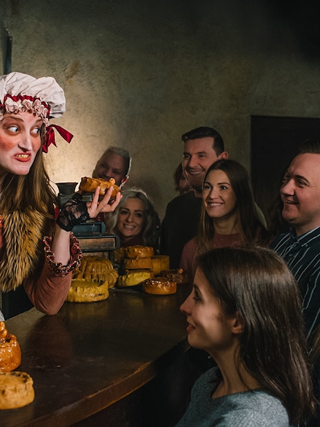 Mrs Lovett's Pie Shop display in London Dungeon with vintage decor and pie props.