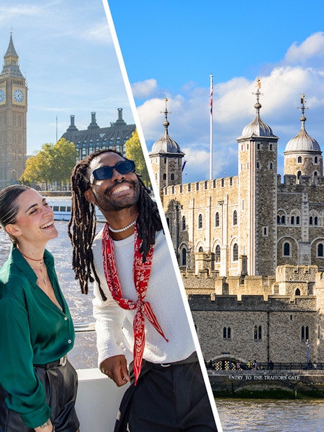 Thames cruise boat on river with Tower of London in background, combo tour tickets available.