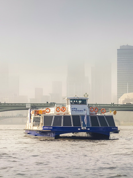 London Thames sightseeing cruise boat passing under Tower Bridge.