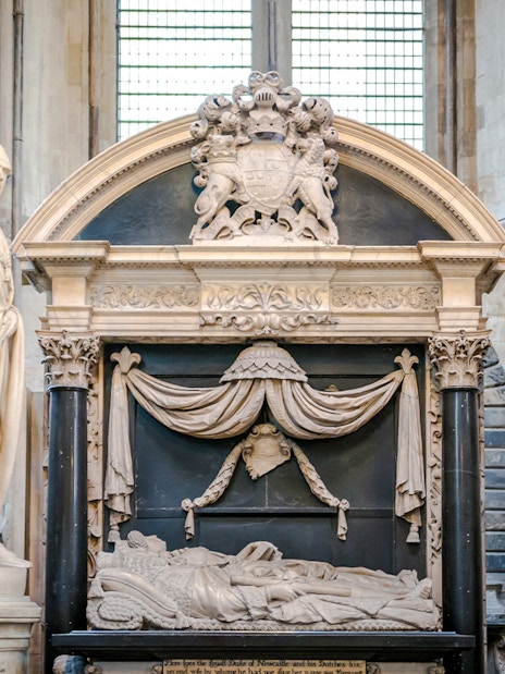 Poets' Corner in Westminster Abbey with historic tombs and memorials in London.
