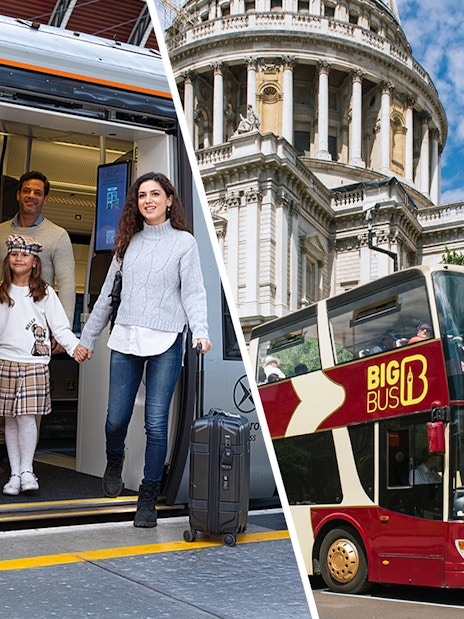 Heathrow Express train and London double-decker bus for city tour combo offer.