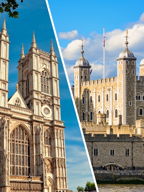 Westminster Abbey exterior and Tower of London with Crown Jewels access tickets combo offer.